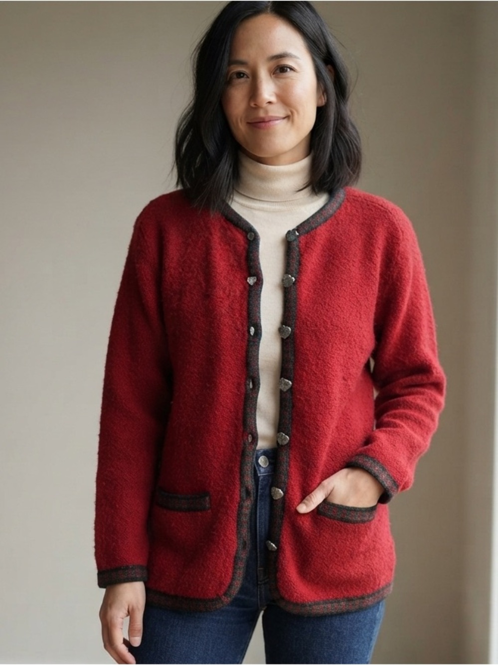 Vintage Simons Sz L Red New Wool Grannycore House Button Cardigan